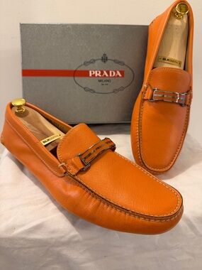Prada Men’s Orange Leather Bit-Detail Driving Loafers Mens 11-12